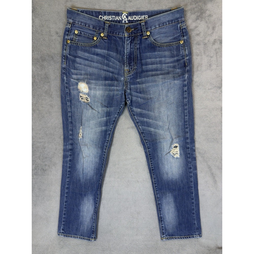 Christian Audigier Jeans‎ Mens 32x30 Blue Medium Wash Distressed Denim Straight